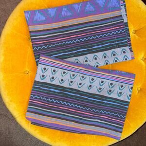 Vintage 80s 90s Geometric Tribal Print Pillowcases Pair Purple Teal Black